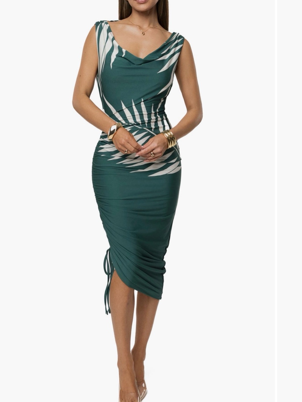 Green palm print ruched dress